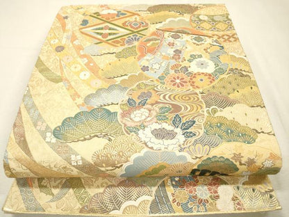 平和屋着物▼六通柄袋帯　本紹巴　歌絵物語　松彩鏡裏御殿文　金糸　正絹　逸品　DABI7419fe