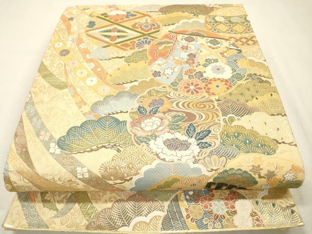 平和屋着物▼六通柄袋帯　本紹巴　歌絵物語　松彩鏡裏御殿文　金糸　正絹　逸品　DABI7419fe
