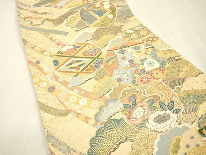 平和屋着物▼六通柄袋帯　本紹巴　歌絵物語　松彩鏡裏御殿文　金糸　正絹　逸品　DABI7419fe