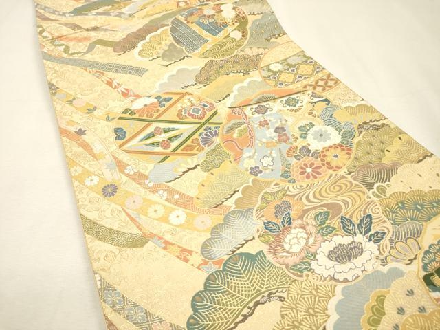 平和屋着物▼六通柄袋帯　本紹巴　歌絵物語　松彩鏡裏御殿文　金糸　正絹　逸品　DABI7419fe