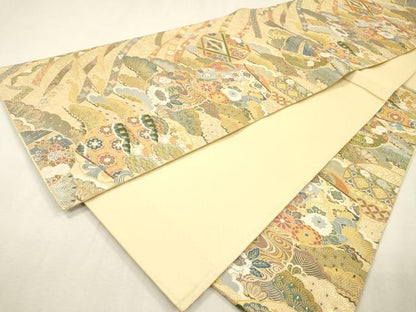 平和屋着物▼六通柄袋帯　本紹巴　歌絵物語　松彩鏡裏御殿文　金糸　正絹　逸品　DABI7419fe