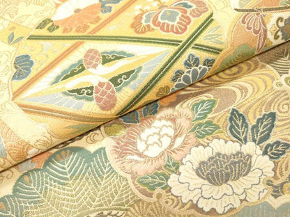 平和屋着物▼六通柄袋帯　本紹巴　歌絵物語　松彩鏡裏御殿文　金糸　正絹　逸品　DABI7419fe