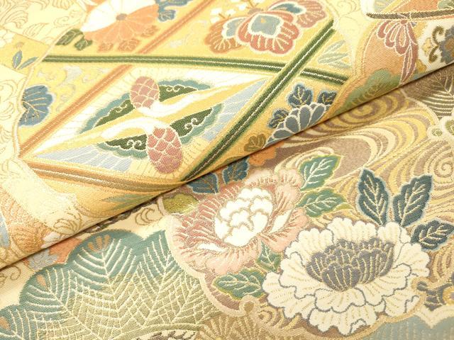 平和屋着物▼六通柄袋帯　本紹巴　歌絵物語　松彩鏡裏御殿文　金糸　正絹　逸品　DABI7419fe