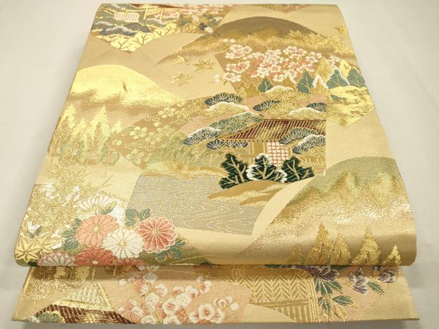 平和屋着物▼六通柄袋帯　唐織　扇面離宮文　金糸　三越扱い　正絹　逸品　DABI7437fe