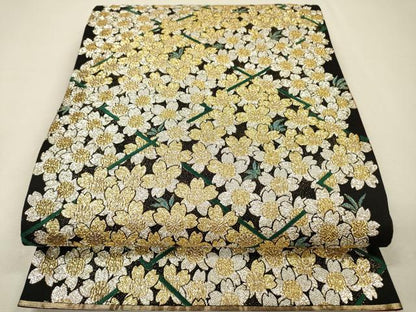 平和屋着物●六通柄袋帯　桜　黒地　金銀糸　正絹　逸品　DABI7444fe