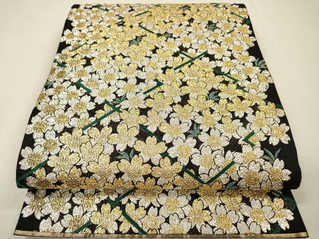 平和屋着物●六通柄袋帯　桜　黒地　金銀糸　正絹　逸品　DABI7444fe