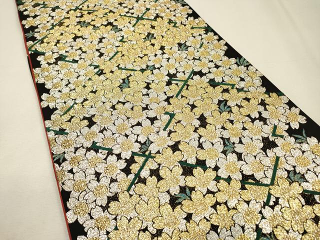 平和屋着物●六通柄袋帯　桜　黒地　金銀糸　正絹　逸品　DABI7444fe