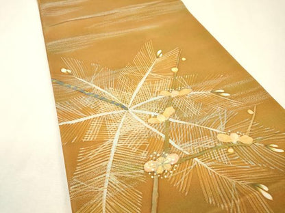 平和屋着物▼虹色創家　本郷大田子　両面　六通柄袋帯　手描き　松葉花文　銀通し地　正絹　逸品　DABI7447fe