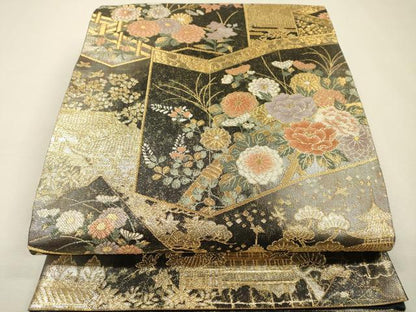 平和屋着物▼六通柄袋帯　御所解衝立屏風文　金糸　引箔　正絹　逸品　DABI7456fe