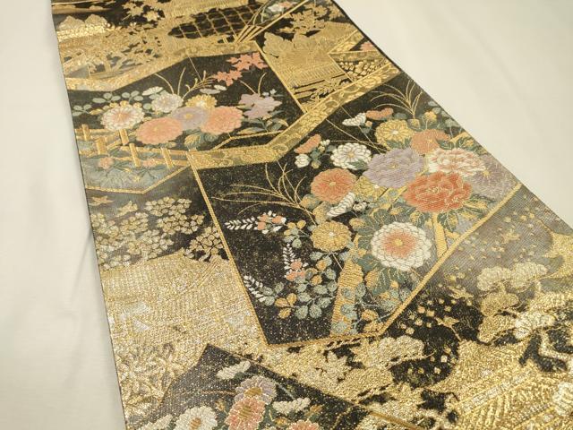 平和屋着物▼六通柄袋帯　御所解衝立屏風文　金糸　引箔　正絹　逸品　DABI7456fe
