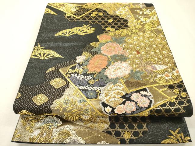 平和屋着物▼六通柄袋帯　冊子孔雀花文　黒地　金銀糸　正絹　逸品　DABI7463fe
