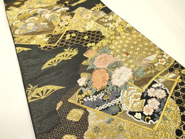 平和屋着物▼六通柄袋帯　冊子孔雀花文　黒地　金銀糸　正絹　逸品　DABI7463fe