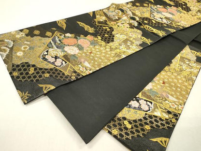 平和屋着物▼六通柄袋帯　冊子孔雀花文　黒地　金銀糸　正絹　逸品　DABI7463fe