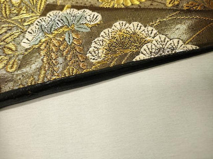 平和屋着物▼六通柄袋帯　冊子孔雀花文　黒地　金銀糸　正絹　逸品　DABI7463fe