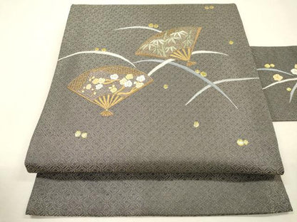 平和屋着物▼九寸名古屋帯　総刺繍　扇面花文　金糸　正絹　逸品　DABI7497fe