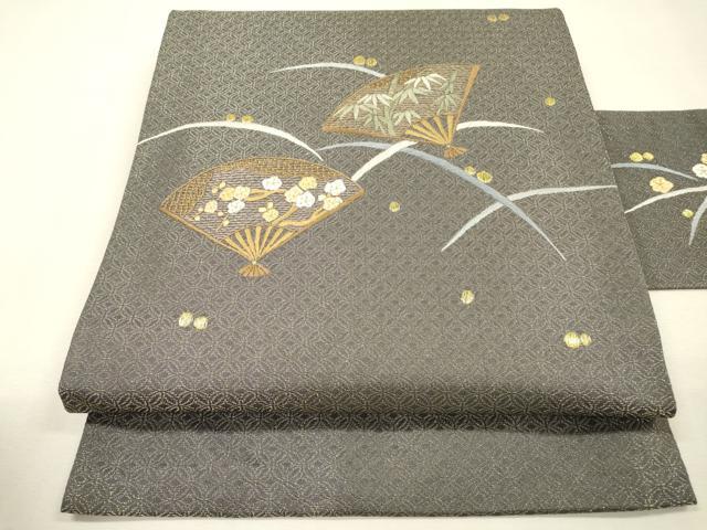 平和屋着物▼九寸名古屋帯　総刺繍　扇面花文　金糸　正絹　逸品　DABI7497fe