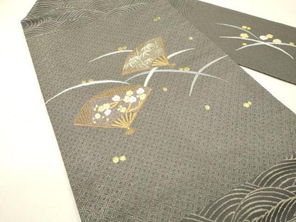 平和屋着物▼九寸名古屋帯　総刺繍　扇面花文　金糸　正絹　逸品　DABI7497fe