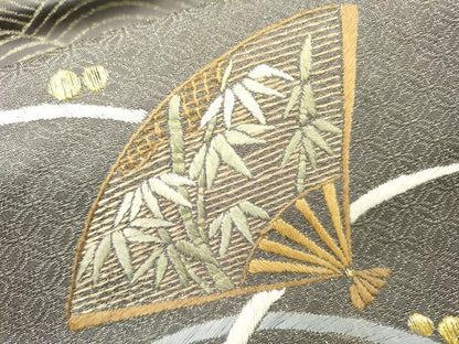 平和屋着物▼九寸名古屋帯　総刺繍　扇面花文　金糸　正絹　逸品　DABI7497fe
