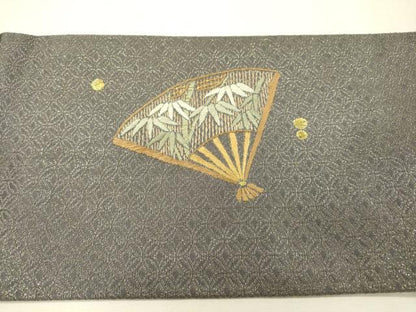 平和屋着物▼九寸名古屋帯　総刺繍　扇面花文　金糸　正絹　逸品　DABI7497fe