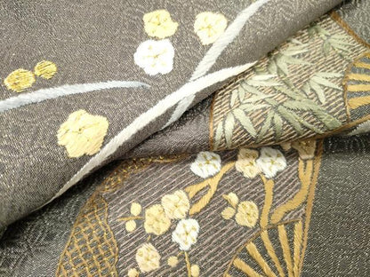 平和屋着物▼九寸名古屋帯　総刺繍　扇面花文　金糸　正絹　逸品　DABI7497fe