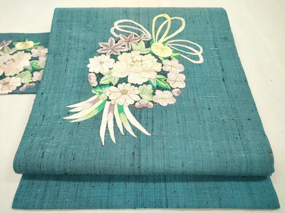 平和屋着物▼九寸名古屋帯　紬地　総刺繍　花丸文　金糸　正絹　逸品　DABI7498fe