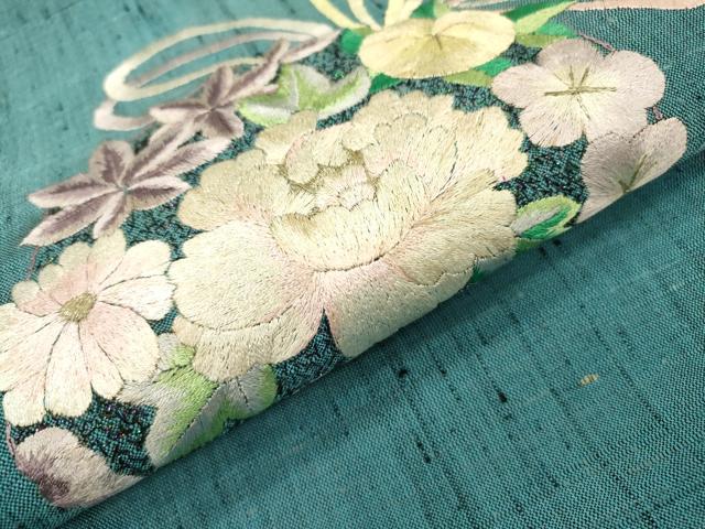 平和屋着物▼九寸名古屋帯　紬地　総刺繍　花丸文　金糸　正絹　逸品　DABI7498fe