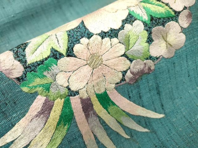 平和屋着物▼九寸名古屋帯　紬地　総刺繍　花丸文　金糸　正絹　逸品　DABI7498fe