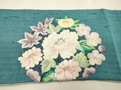 平和屋着物▼九寸名古屋帯　紬地　総刺繍　花丸文　金糸　正絹　逸品　DABI7498fe