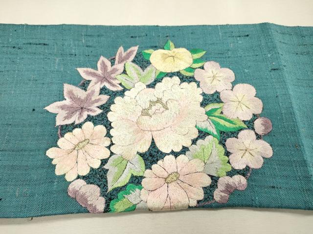 平和屋着物▼九寸名古屋帯　紬地　総刺繍　花丸文　金糸　正絹　逸品　DABI7498fe
