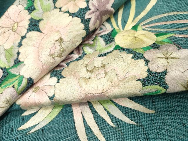 平和屋着物▼九寸名古屋帯　紬地　総刺繍　花丸文　金糸　正絹　逸品　DABI7498fe