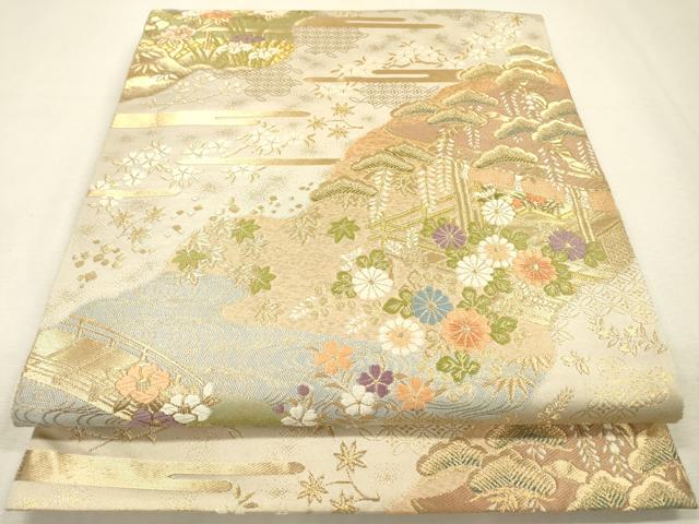 平和屋着物▼西陣　服部織物謹製　六通柄袋帯　唐織　風景花松文　金糸　正絹　逸品　DABI7540fe