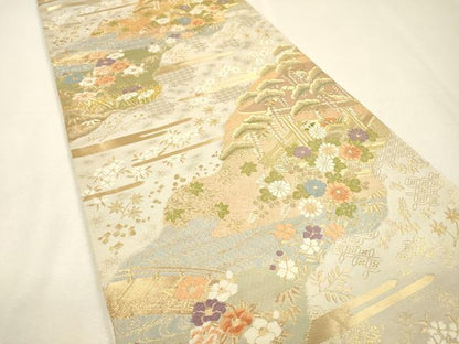 平和屋着物▼西陣　服部織物謹製　六通柄袋帯　唐織　風景花松文　金糸　正絹　逸品　DABI7540fe