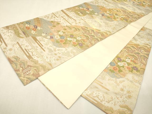 平和屋着物▼西陣　服部織物謹製　六通柄袋帯　唐織　風景花松文　金糸　正絹　逸品　DABI7540fe