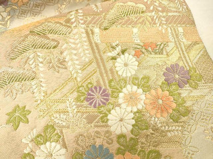 平和屋着物▼西陣　服部織物謹製　六通柄袋帯　唐織　風景花松文　金糸　正絹　逸品　DABI7540fe