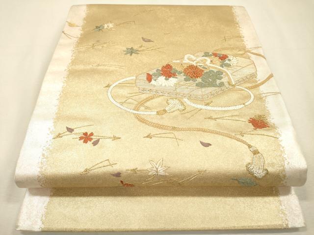 平和屋着物▼太鼓柄袋帯　総刺繍　文箱付近文　金彩　引箔　正絹　逸品　DABI7551fe