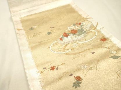 平和屋着物▼太鼓柄袋帯　総刺繍　文箱付近文　金彩　引箔　正絹　逸品　DABI7551fe