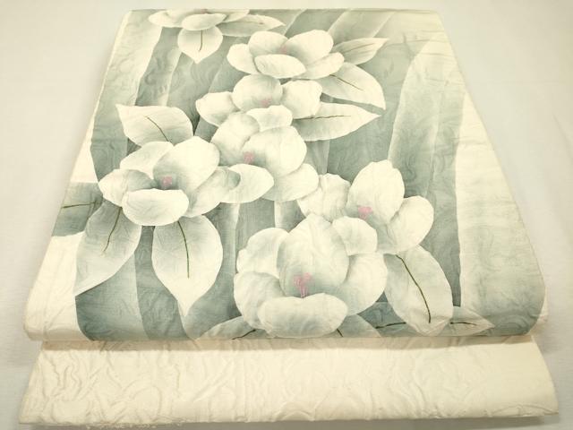 平和屋着物▼染色作家　小溝一夫　太鼓柄袋帯　ふくれ織　草花　正絹　逸品　DABI7568fe