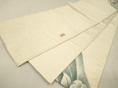 平和屋着物▼染色作家　小溝一夫　太鼓柄袋帯　ふくれ織　草花　正絹　逸品　DABI7568fe