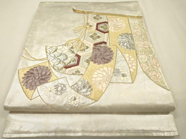 平和屋着物▼太鼓柄袋帯　総刺繍　几帳吉祥花文　金銀糸　正絹　逸品　DABI7585fe