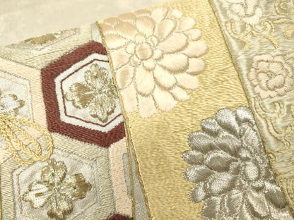 平和屋着物▼太鼓柄袋帯　総刺繍　几帳吉祥花文　金銀糸　正絹　逸品　DABI7585fe