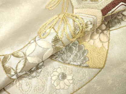 平和屋着物▼太鼓柄袋帯　総刺繍　几帳吉祥花文　金銀糸　正絹　逸品　DABI7585fe