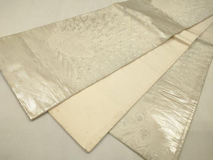 平和屋着物▼六通柄袋帯　錦城孔雀文　銀糸　正絹　逸品　DABI7592fe