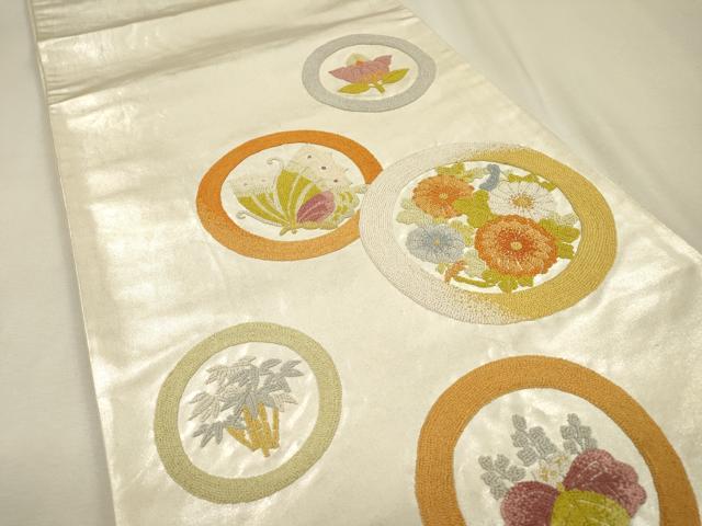 平和屋着物▼中国三大刺繍　相良刺繍　総刺繍　太鼓柄袋帯　舞蝶花丸文　銀糸　正絹　逸品　DABI7601fe