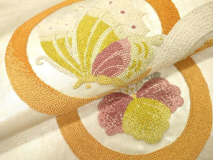 平和屋着物▼中国三大刺繍　相良刺繍　総刺繍　太鼓柄袋帯　舞蝶花丸文　銀糸　正絹　逸品　DABI7601fe