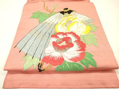平和屋着物▼アンティーク　大正ロマン　九寸名古屋帯　総手刺繍　枝花　金銀糸　正絹　逸品　DABI7607fe