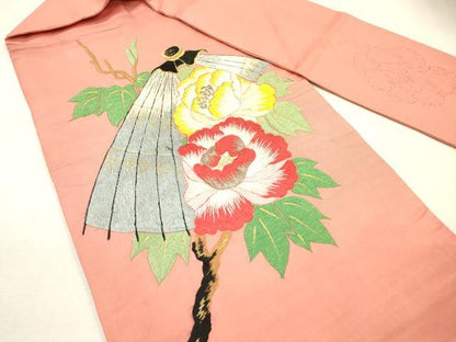 平和屋着物▼アンティーク　大正ロマン　九寸名古屋帯　総手刺繍　枝花　金銀糸　正絹　逸品　DABI7607fe