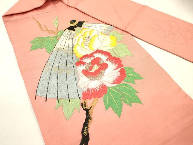 平和屋着物▼アンティーク　大正ロマン　九寸名古屋帯　総手刺繍　枝花　金銀糸　正絹　逸品　DABI7607fe