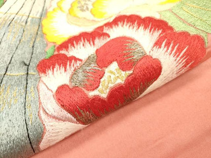 平和屋着物▼アンティーク　大正ロマン　九寸名古屋帯　総手刺繍　枝花　金銀糸　正絹　逸品　DABI7607fe