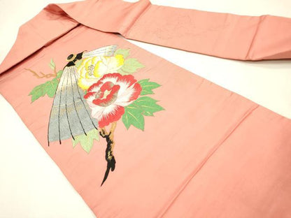 平和屋着物▼アンティーク　大正ロマン　九寸名古屋帯　総手刺繍　枝花　金銀糸　正絹　逸品　DABI7607fe