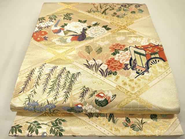 平和屋着物▼六通柄袋帯　唐織　天井御所車花鳥文　金銀糸　正絹　逸品　DABI7610fe